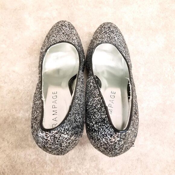 Rampage Womens Tangela Size 8.5 Black Silver Slip On Glittery Heels Platform Pu - Picture 6 of 12